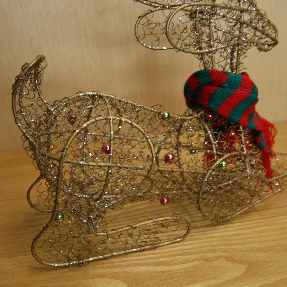 Gold Wire Reindeer Figurine Christmas Decor Glitter Ornaments Scarf 13 Inch